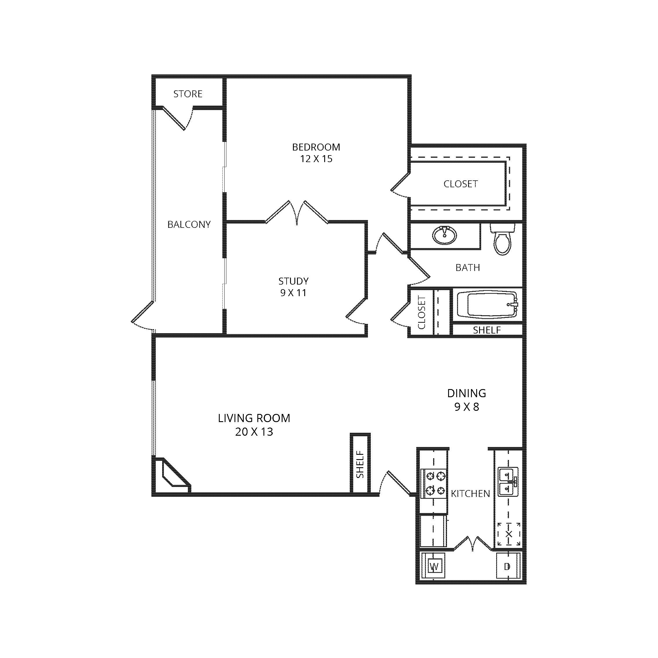 Floor plan for 1 bed, 1 bath, 868 sqft